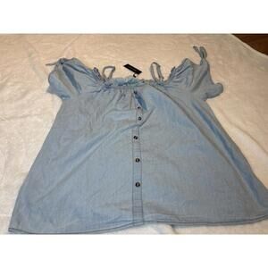 New Glory Light Wash Blue Off-Shoulder Button-Front Top, Size 3X